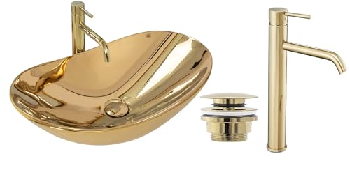 GTM Design Aufsatzwaschbecken Set mit Waschtischbatterie und Stopfen - Aufsatzwaschbecken Oval für Badezimmer - Modern Waschbecken ohne Hahnloch - Waschbecken mit Armature - Modell 4 von GTM Design