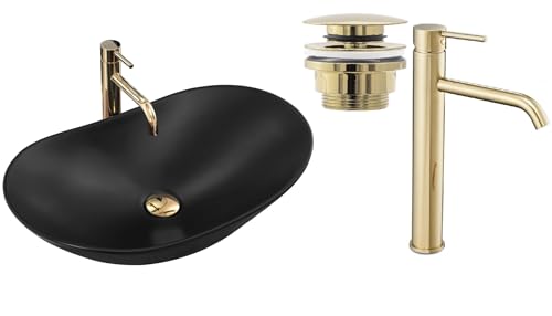 GTM Design Aufsatzwaschbecken Set mit Waschtischbatterie und Stopfen - Aufsatzwaschbecken Oval für Badezimmer - Modern Waschbecken ohne Hahnloch - Waschbecken mit Armature - Modell 2 von GTM Design