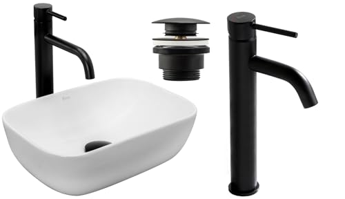 GTM Design Aufzatzwaschbecken mit Armatur - Waschbecken mit Hahn - Waschbeckenarmatur Schwarz - Aufzatzwaschbecken Rechteckiges - Waschbecken Weiß Glanz - Aufsatzwaschbecken mit Armatur komplett Set von GTM Design
