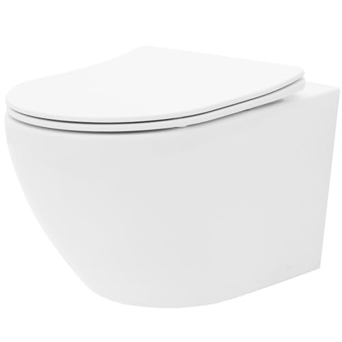 GTM Design Hänge WC mit Slim Duroplast Toilettensitz - Toilette Hänge Wand WC - Spülrandlose Wandhängende WC Keramik Toilette - Platzsparend - Modernes WC Design - Weiß, 45,5x37x32 cm von GTM Design