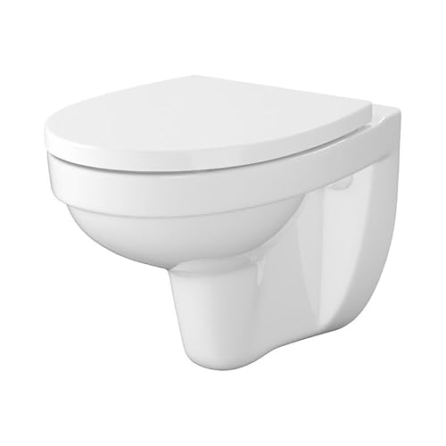 GTM Design Hänge WC mit WC-Sitz aus Duroplast - Toilette Hänge Wand WC - Spülrandlose Wandhängende WC Keramik Toilette - Platzsparend - Modernes WC Design - Weiß, 36x52,5x37,7 cm von GTM Design