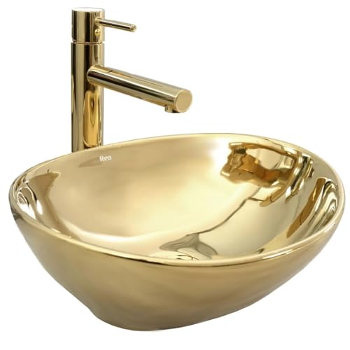 GTM Design Keramik Waschbecken - Aufsatzwaschbecken fürs Badezimmer - Waschbecken Oval - Design Waschbecken im modernen Stil - Gold - 41x34,5x15 cm von GTM Design