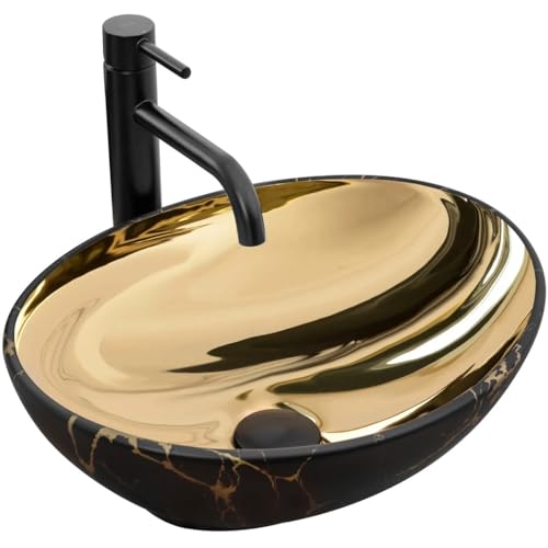 GTM Design Keramik Waschbecken - Aufsatzwaschbecken fürs Badezimmer - Waschbecken Oval - Design Waschbecken im modernen Stil - Gold. Schwarzer Marmor - 41x34,5x15 cm von GTM Design