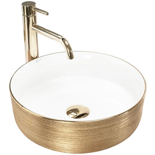 GTM Design Keramik Waschbecken - Aufsatzwaschbecken fürs Badezimmer - Waschbecken Rund - Design Waschbecken im modernen Stil - Weiß, Gold - 36x36x11,5 cm von GTM Design