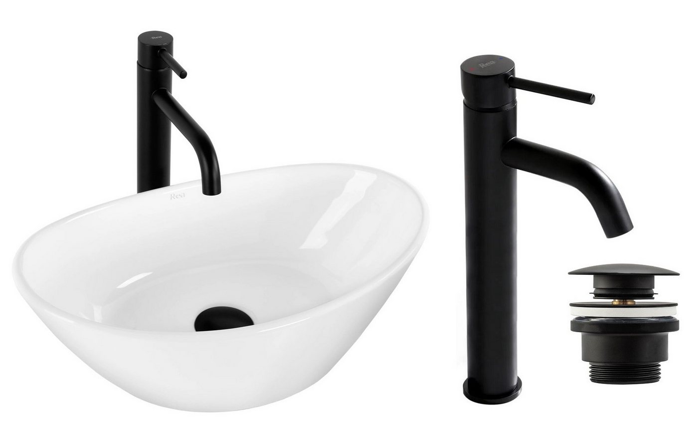 GTM Design Waschbecken Glanz - Modern Waschbecken - ohne Überlaufloch - Elegant (Set mit Stopfen + Waschtischbatterie) von GTM Design