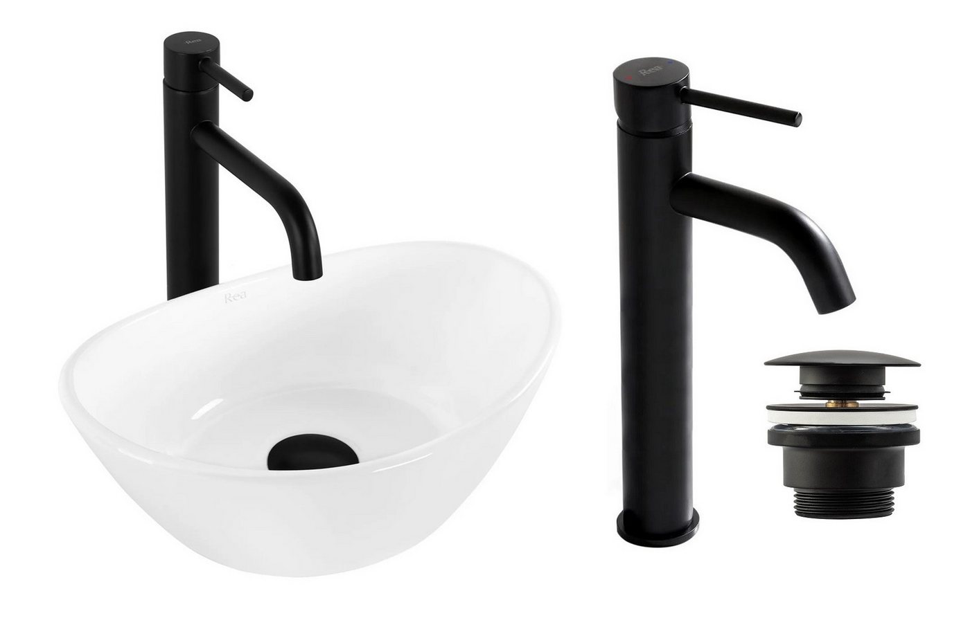 GTM Design Waschbecken Glanz - Modern Waschbecken - ohne Überlaufloch - Elegant (Set mit Stopfen + Waschtischbatterie) von GTM Design