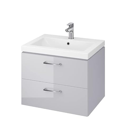 GTM Design Waschbeckenunterschrank 60 cm - Badezimmermöbel hängend Grau Hochglanz - Waschtischunterschrank 2 Schubladen - Waschtisch mit Unterschrank - 60x46x44,7 cm von GTM Design