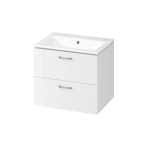 GTM Design Waschbeckenunterschrank 60 cm - Badezimmermöbel hängend Weiß Hochglanz - Waschtischunterschrank 2 Schubladen - Waschtisch mit Unterschrank - 60x45x50 cm von GTM Design