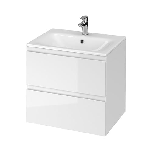 GTM Design Waschbeckenunterschrank 60 cm - Badezimmermöbel hängend Weiß Hochglanz - Waschtischunterschrank 2 Schubladen - Waschtisch mit Unterschrank - 60x45x57 cm von GTM Design