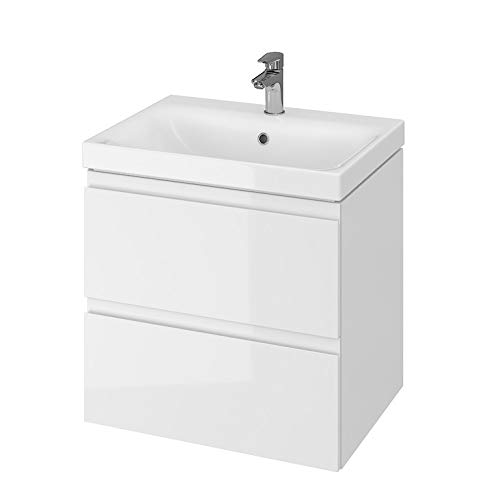 GTM Design Waschbeckenunterschrank 60 cm - Badezimmermöbel hängend Weiß Hochglanz - Waschtischunterschrank 2 Schubladen - Waschtisch mit Unterschrank - 60x45x62 cm von GTM Design