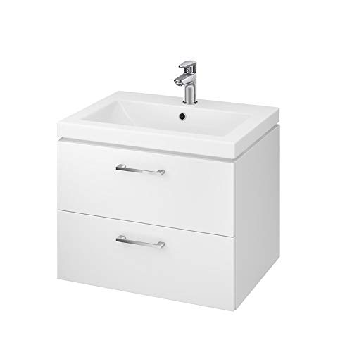 GTM Design Waschbeckenunterschrank 60 cm - Badezimmermöbel hängend Weiß Hochglanz - Waschtischunterschrank 2 Schubladen - Waschtisch mit Unterschrank - 60x46x44,7 cm von GTM Design
