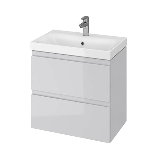 GTM Design Waschbeckenunterschrank Slim 60 cm - Badezimmermöbel hängend Grau Hochglanz - Waschtischunterschrank 2 Schubladen - Waschtisch mit Unterschrank - 60x38,5x62 cm von GTM Design