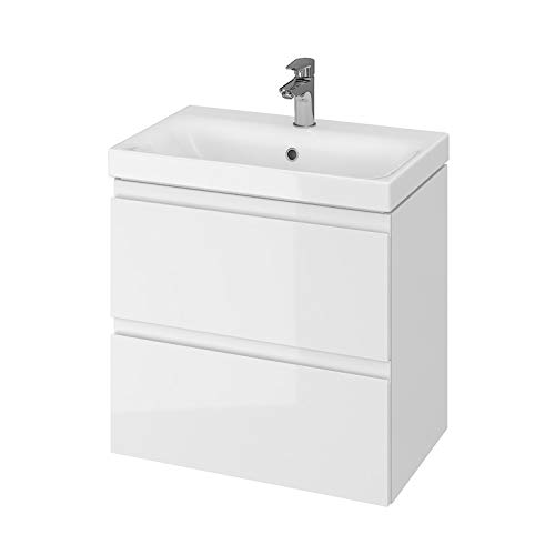 GTM Design Waschbeckenunterschrank Slim 60 cm - Badezimmermöbel hängend Weiß Hochglanz - Waschtischunterschrank 2 Schubladen - Waschtisch mit Unterschrank - 60x38,5x62 cm von GTM Design