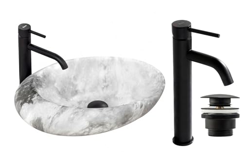 GTM Designs Aufsatzwaschbecken Matt Set mit Waschtischbatterie und Stopfen - Aufsatzwaschbecken Oval für Badezimmer – Modern Waschbecken ohne Hahnloch - Waschbecken mit Armature - Modell 3 GTM Designs Aufsatzwaschbecken Matt Set mit Waschtischbatterie und Stopfen - Aufsatzwaschbecken Oval für Badezimmer – Modern Waschbecken ohne Hahnloch - Waschbecken mit Armature - Modell 3 von GTM Design