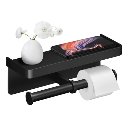 GTNCE Toilettenpapierhalter Ohne Bohren mit Ablage, Klopapierhalter für 2 Rollen, Selbstklebende WC Papier Halterung, Aluminium Klorollenhalter Wandmontage Badezimmer Zubehör (Schwarz) von GTNCE