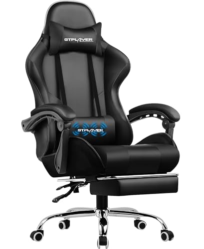 GTPLAYER Bürostuhl Gaming Stuhl Massage Chefsessel Ergonomischer Gamer Stuhl mit Fußstütze, Kopfstütze Massage-Lendenkissen, Gepolstert Gaming Chair, Drehsessel Schwarz von GTPLAYER