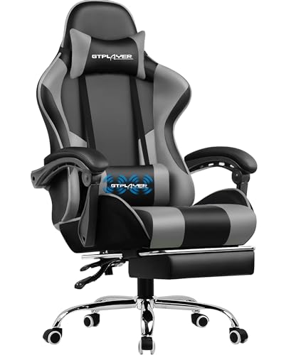 GTPLAYER Gaming Stuhl Bürostuhl Massage Gaming Sessel Ergonomischer Gamer Stuhl mit Fußstütze, Kopfstütze Massage-Lendenkissen, Gepolstert Gaming Chair, Drehsessel, grau von GTPLAYER