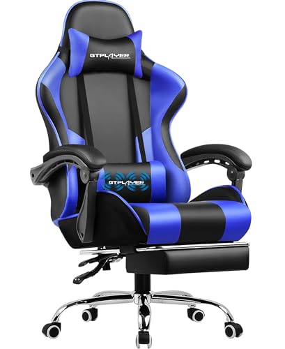 GTPLAYER Bürostuhl Gaming Stuhl Massage Gaming Sessel Ergonomischer Gamer Stuhl mit Fußstütze, Kopfstütze Massage-Lendenkissen, Gepolstert Gaming Chair, Drehsessel blau von GTPLAYER