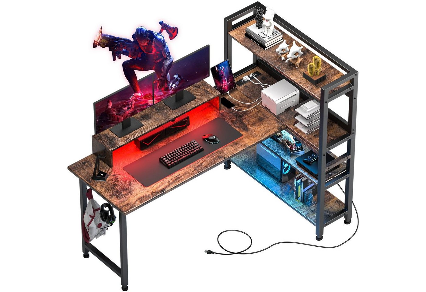 GTPLAYER Computertisch Gamingtisch Gaming Tisch Schreibtisch mit 4 Ablagen Netzsteckdose, 55 Zoll Schreibtisch mit Monitorständer und eingebaute LED-Lichter von GTPLAYER
