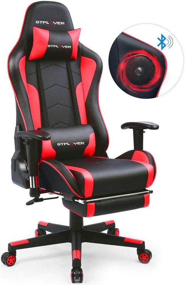 GTPLAYER Gaming-Stuhl Bürostuhl Gamer Stuhl mit Fußstützen Bluetooth Lautsprecher, Ergonomischer Musik Computerstuhl inkl. Lendenwirbel- und Nackenkissen von GTPLAYER