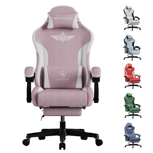 GTPLAYER Gaming Stuhl, Ergonomischer Gamer Stuhl aus Leinen mit Lendenwirbelstütze, PC-Stuhl mit verbreiterter Rückenlehne, Belastbar bis 150 kg, Rosa von GTPLAYER