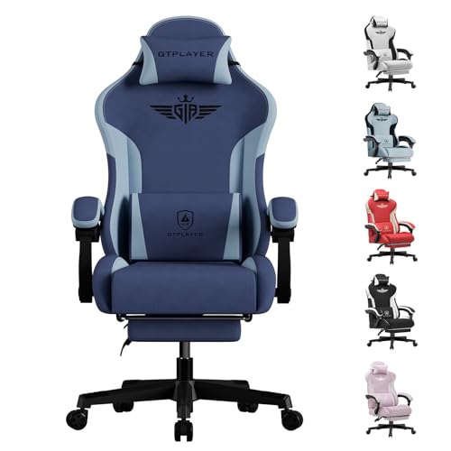 GTPLAYER Gaming Stuhl, Ergonomischer Gamer Stuhl aus Stoff mit Lendenwirbelstütze, PC-Stuhl mit verbreiterter Rückenlehne, Belastbar bis 150 kg, Blau von GTPLAYER