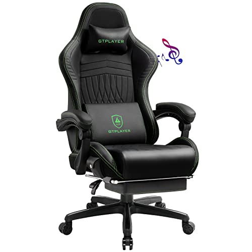 GTPLAYER Gaming Stuhl, Ergonomischer Gaming Sessel Schreibtischstuhl PC Gamer Racing Stuhl mit Fußstütze Lautsprecher Musik Bürostuhl bis 150kg belastbar schwarz-grün von GTPLAYER