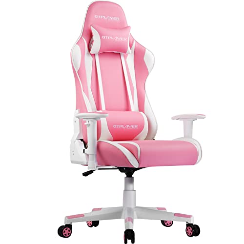 GTPLAYER Gaming Stuhl Bürostuhl Zocker Gamer Ergonomischer Stuhl Einstellbare Armlehne Einteiliger Stahlrahmen Einstellbarer Neigungswinkel (Rosa-weiß) von GTPLAYER