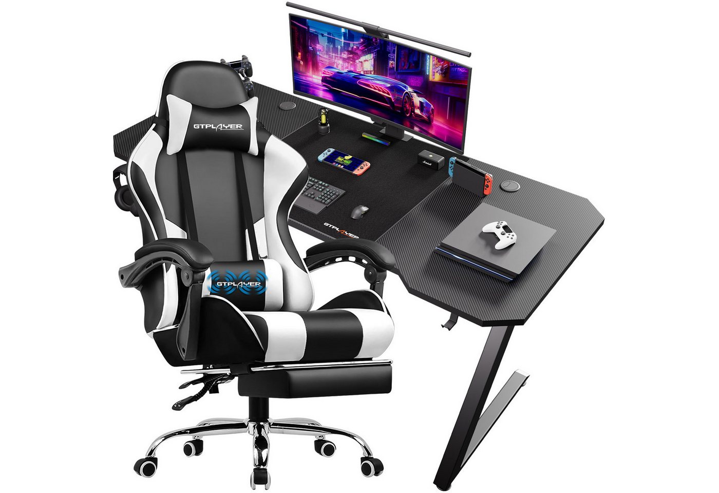 GTPLAYER Gaming-Stuhl Bürostuhl mit Massagefunktion, Fußstütze, Kopfstütze (Packung), Ergonomischer Gamer Stuhl Maximale Belastung 150 kg, 360° drehbar von GTPLAYER