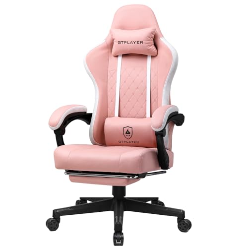 GTPLAYER Gaming Stuhl Ergonomischer Gaming Sessel Schreibtischstuhl mit Stoffoberfläche, Federsitzkissen, Verbindungsarmlehnen und Fußstütze Rosa von GTPLAYER