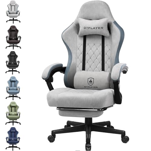 GTPLAYER Gaming Stuhl Ergonomischer Gaming Sessel Schreibtischstuhl mit Stoffoberfläche, Federsitzkissen, Verbindungsarmlehnen und Fußstütze Grau von GTPLAYER