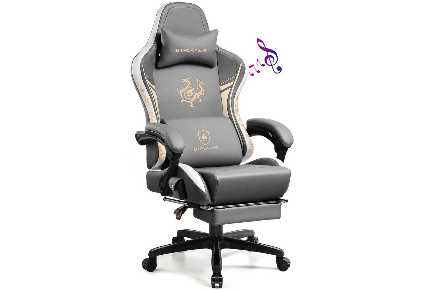 GTPLAYER Gaming-Stuhl Gamer Stuhl mit Bluetooth-Lautsprechern und Fußstütze, Dragon Series, Bürostuhl, Ergonomischer Gaming-Stuhl, Drehsessel, Computerstuhl von GTPLAYER
