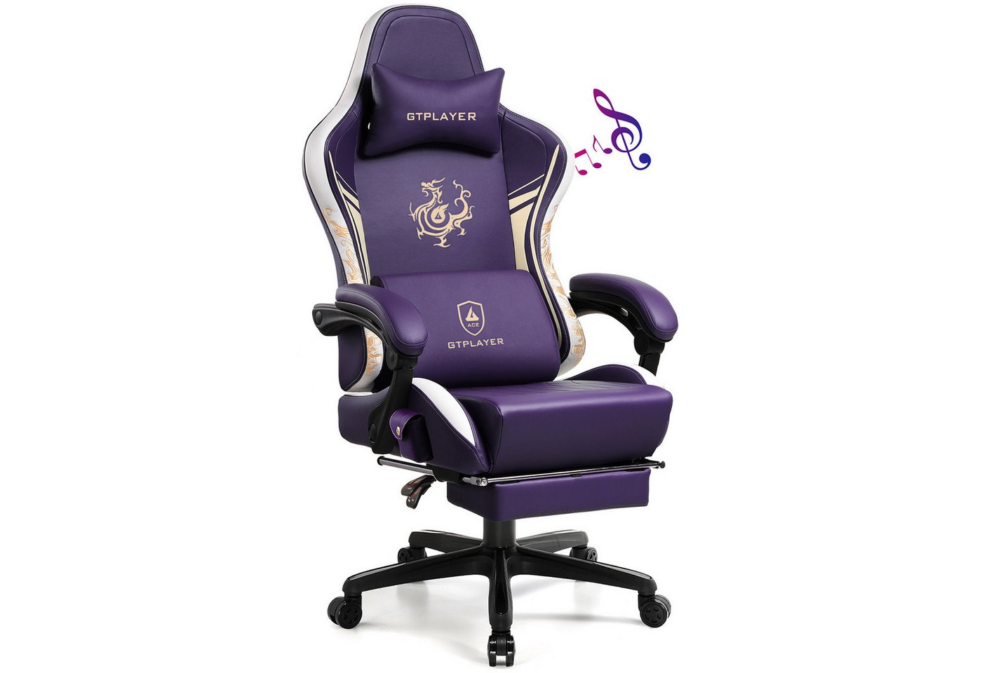 GTPLAYER Gaming-Stuhl Gamer Stuhl mit Bluetooth-Lautsprechern und Fußstütze, Dragon Series, Bürostuhl, Ergonomischer Gaming-Stuhl, Drehsessel, Computerstuhl von GTPLAYER