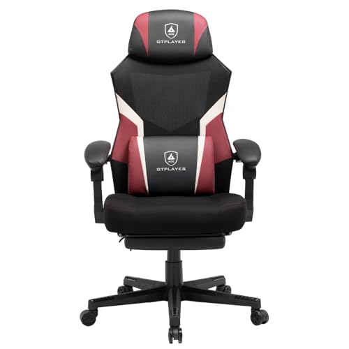 GTPLAYER Gaming Stuhl mit Fußstütze, ergonomischer Bürostuhl mit Netzrückenlehne, Schreibtischstuhl Gaming Sessel aus Stoff für Zuhause und Büro rot von GTPLAYER