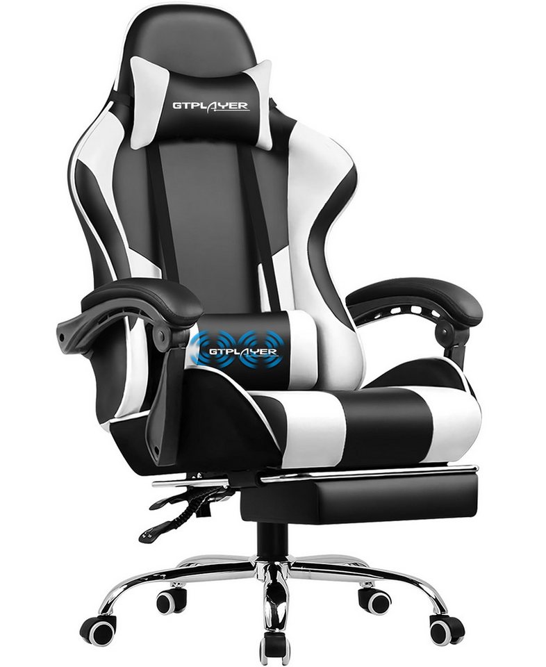 GTPLAYER Gaming-Stuhl mit Fußstütze und Massage-Lendenkissen Bürostuhl Zocker Stuhl, mit Verbindungsarmlehnen bis 120kg belastbar, Hohe Rückenlehne von GTPLAYER