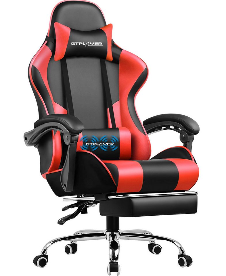 GTPLAYER Gaming-Stuhl mit Fußstütze und Massage-Lendenkissen Bürostuhl Zocker Stuhl, mit Verbindungsarmlehnen bis 120kg belastbar, Hohe Rückenlehne von GTPLAYER
