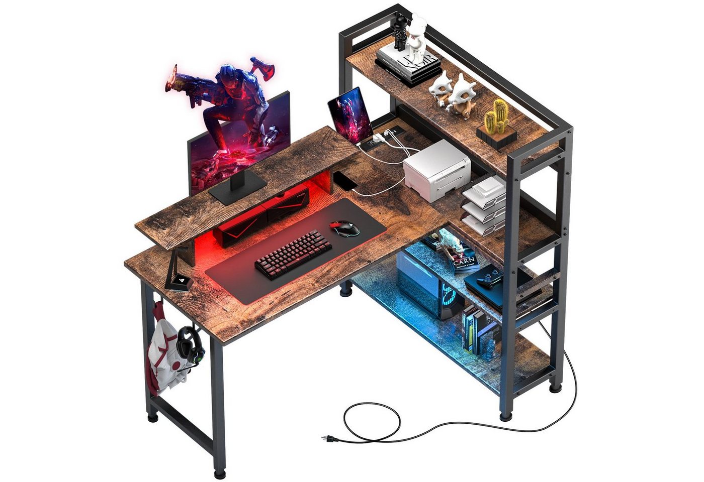 GTPLAYER Schreibtisch Gaming Schreibtisch Computertisch mit 4-stöckige Seitenablagefächer (Packung, 1 Tisch), LED-Lichtleiste, eingebaute Steckdose, einen Bildschirmständer von GTPLAYER