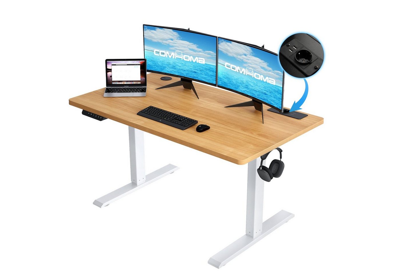 GTPLAYER Schreibtisch Höhenverstellbarer Computertisch elektrisch, stufenlos, mit Steckdose und Haken von GTPLAYER