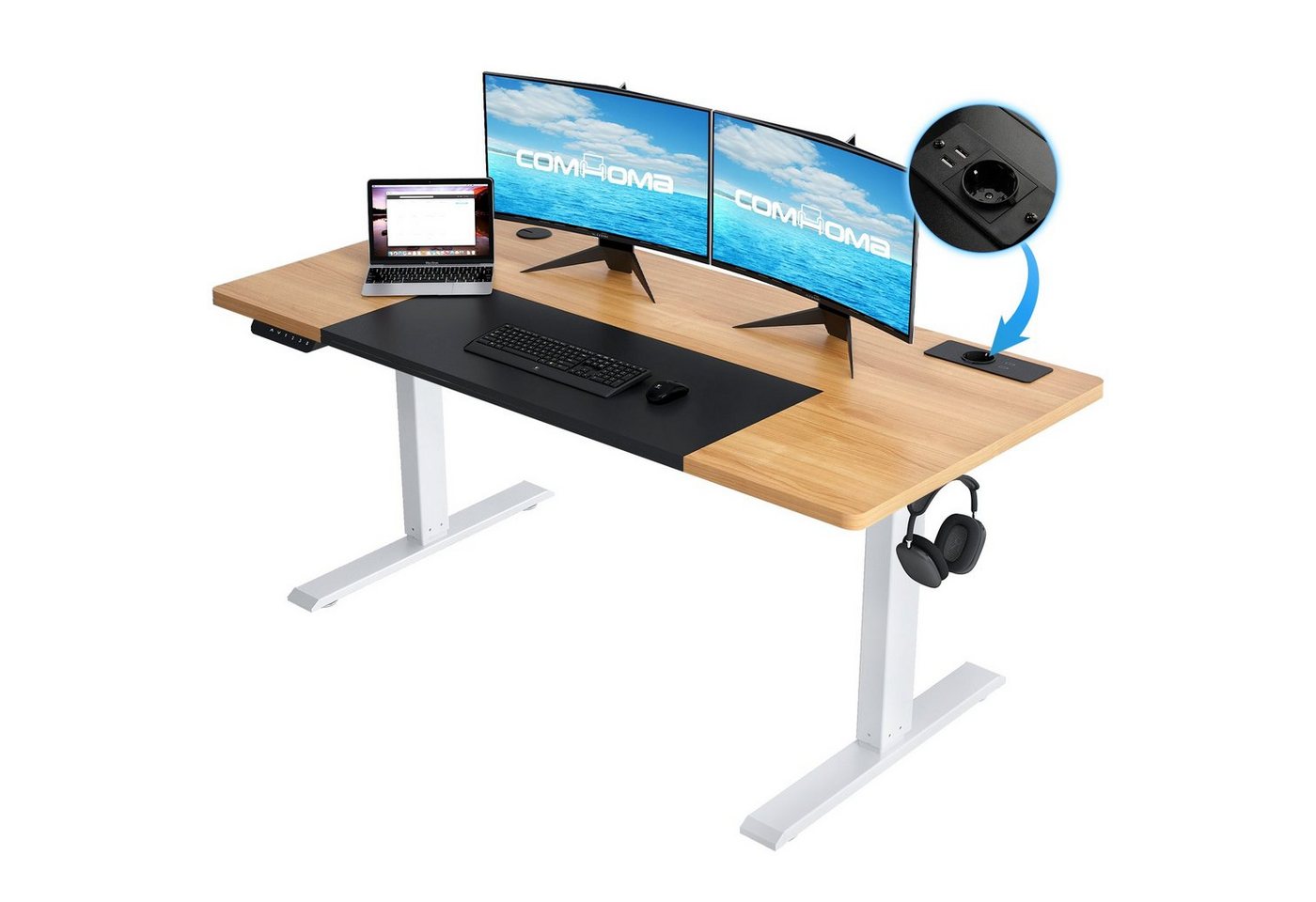GTPLAYER Schreibtisch Höhenverstellbarer Computertisch elektrisch, stufenlos, mit Steckdose und Haken von GTPLAYER