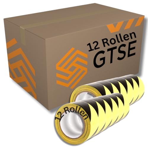 GTSE - Markierungsklebeband 12 Rollen- 50 mm x 33 m - Selbstklebendes Absperrband - Gestreiftes Warnband zur Boden und Sicherheitsmarkierung, Flatterband - Gelb/Schwarz von GTSE