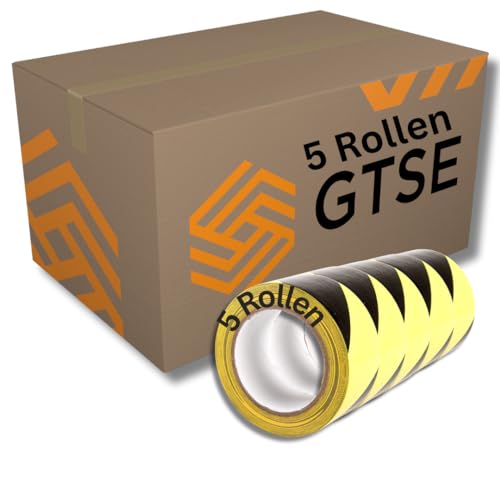 GTSE - Markierungsklebeband 5 Rollen- 50 mm x 33 m - Selbstklebendes Absperrband - Gestreiftes Warnband zur Boden und Sicherheitsmarkierung, Flatterband - Gelb/Schwarz von GTSE