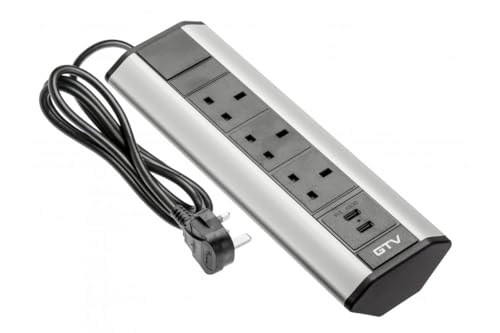 GTV Eck-Steckdosenleiste – 3X UK-Steckdose + 2X USB (5V/2.1A) – Aluminium – 3600W – 1,5 m Kabel – Möbel-Einbau – Silber – für Küche, Büro, Werkstatt von GTV