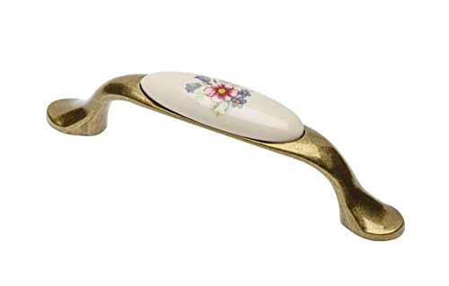 GTV Möbelgriff 728P, BA 96 mm, Zamak und Porzellan, Oberfläche: Altmessing, Motiv: spring fleur von GTV