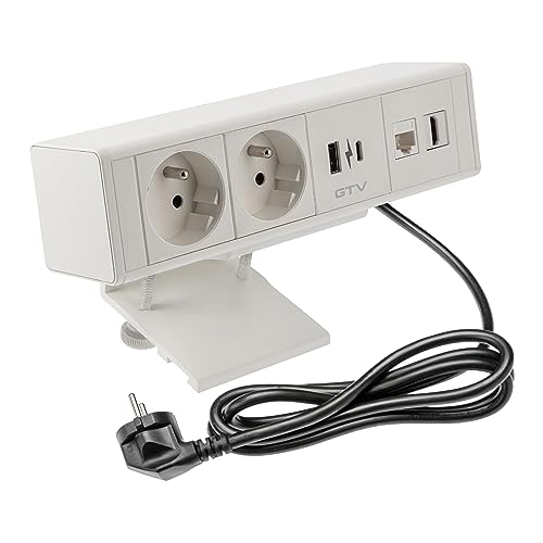 GTV - Möbelsteckdose BAR, Mehrfachsteckdosen, 2X French Steckdose, 1x USB A, 1x USB C, 1x RJ45 1x HDMI, Kabellänge 1,5m, Farbe Weiß, für Schreibtische, Tischplatte, Küchen und Büro von GTV