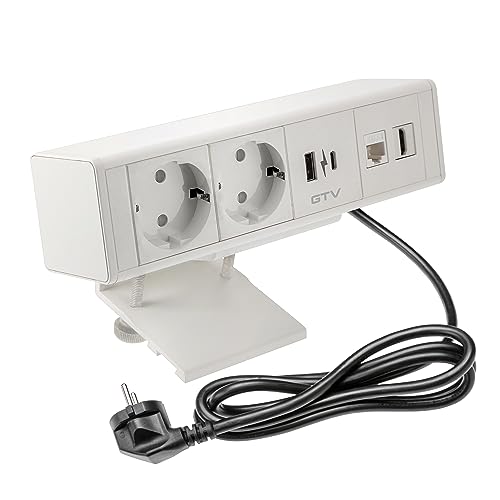 GTV - Möbelsteckdose BAR, Mehrfachsteckdosen, 2X Schuko Steckdose, 1x USB A, 1x USB C, 1x RJ45 1x HDMI, Kabellänge 1,5m, Farbe Weiß, für Schreibtische, Tischplatte, Küchen und Büro von GTV