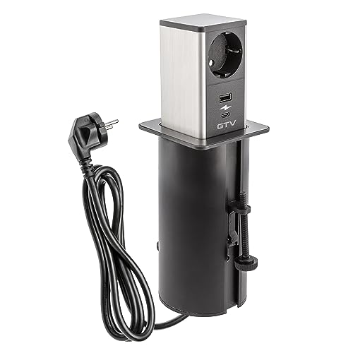 GTV - Möbelsteckdose TOWER, Ausziehbare Einbausteckdose, 1x Schuko Steckdose, 1x USB A, 1x USB C, Kabellänge 1,5m, Farbe Schwarz, für Schreibtische, Tischplatte, Küchen und Büro von GTV