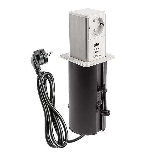 GTV - Möbelsteckdose TOWER, Ausziehbare Einbausteckdose, 1x Schuko Steckdose, 1x USB A, 1x USB C, Kabellänge 1,5m, Farbe Weiß, für Schreibtische, Tischplatte, Küchen und Büro von GTV