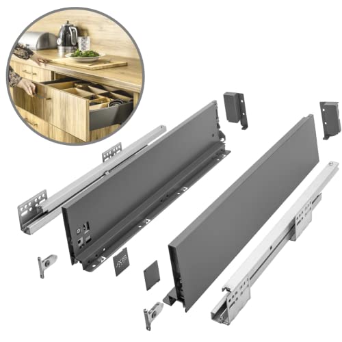 GTV Schubladensystem AXIS PRO I Schubkastengarnitur mit Vollauszug und integriete Dämpfung I Anthrazit I Belastbarkeit bis 40 kg I Soft-Close I Den freien Zugang I Breite: 350 mm I Höhe: 120 mm von GTV