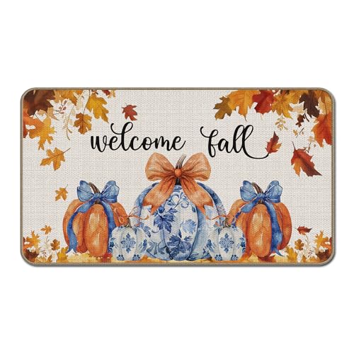 Chinoiserie Fußmatte mit Kürbismotiv, 43,2 x 76,2 cm, Chinoiserie-Dekor-Teppich für Haustür, Veranda, Eingang, blau-weiß und orange, Herbstmatte für drinnen und draußen Chinoiserie Fußmatte mit Kürbismotiv, 43,2 x 76,2 cm, Chinoiserie-Dekor-Teppich für Haustür, Veranda, Eingang, blau-weiß und orange, Herbstmatte für drinnen und draußen von GTYNU