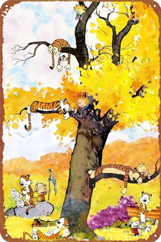 GTZAOB Calvin and Hobbes Cartoon-Poster für Kinderzimmer Klassenzimmer Heimdekoration Kinder Geschenk Poster Retro Metallschild Vintage Blechschild für Cafe Bar Home Wanddekoration 30,5 x 20,3 cm von GTZAOB
